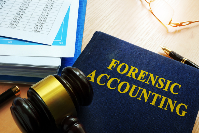 A forensic accounting book sits on a table next to a gavel, and a binder with a spreadsheet of numbers on top.